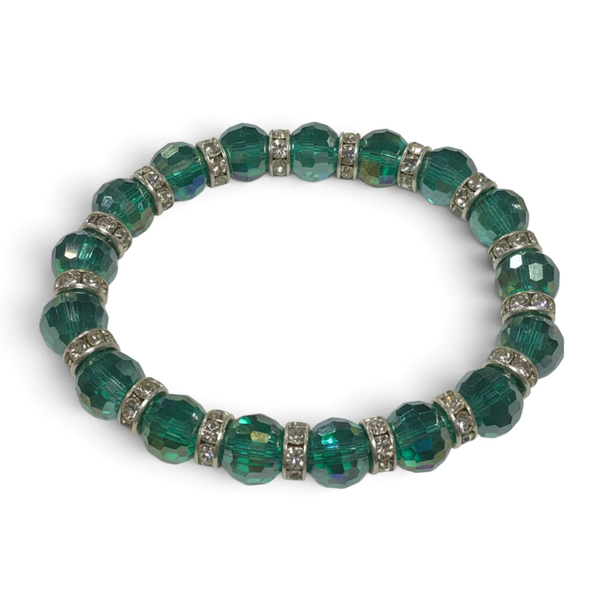 Rare Earth Gallery crystal bracelet featuring faceted erinite green beads and sparkling silver-tone spacers