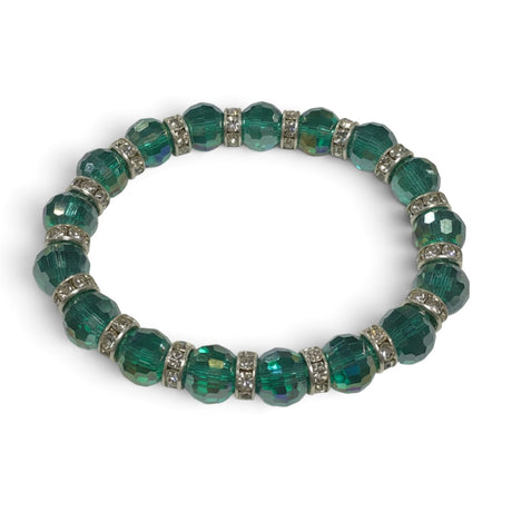 Rare Earth Gallery crystal bracelet featuring faceted erinite green beads and sparkling silver-tone spacers
