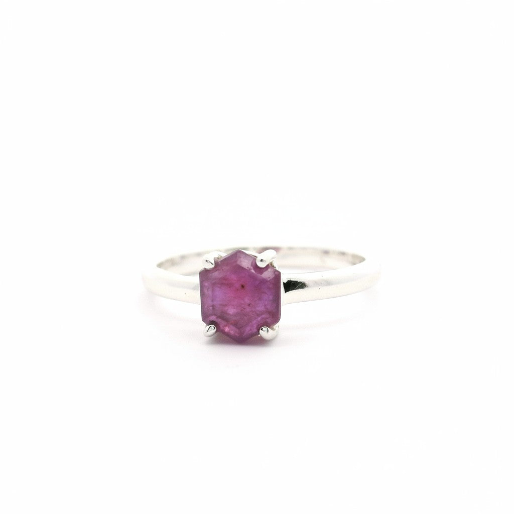 Rare Earth Gallery faceted ruby stalactite ring in a silver prong setting, size 6.