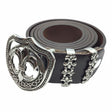 Rare Earth Gallery stainless steel belt buckle with fleur de lis design on a dark brown leather belt.