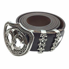 Rare Earth Gallery stainless steel belt buckle with fleur de lis design on a dark brown leather belt.