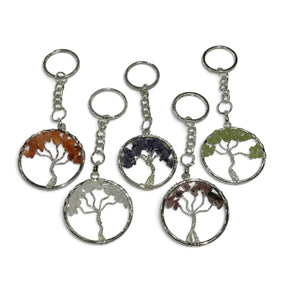 Rare Earth Gallery gemstone tree of life keychains with silver wire branches and assorted crystal chip leaves