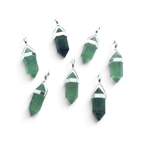 Rare Earth Gallery green fluorite double point pendants in open lantern 925 sterling silver bezels on white background