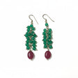 Rare Earth Gallery green onyx beaded drop earrings featuring a dangling oval ruby gemstone on silver hooks.