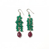 Rare Earth Gallery green onyx beaded drop earrings featuring a dangling oval ruby gemstone on silver hooks.