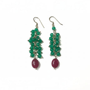 Rare Earth Gallery green onyx beaded drop earrings featuring a dangling oval ruby gemstone on silver hooks.