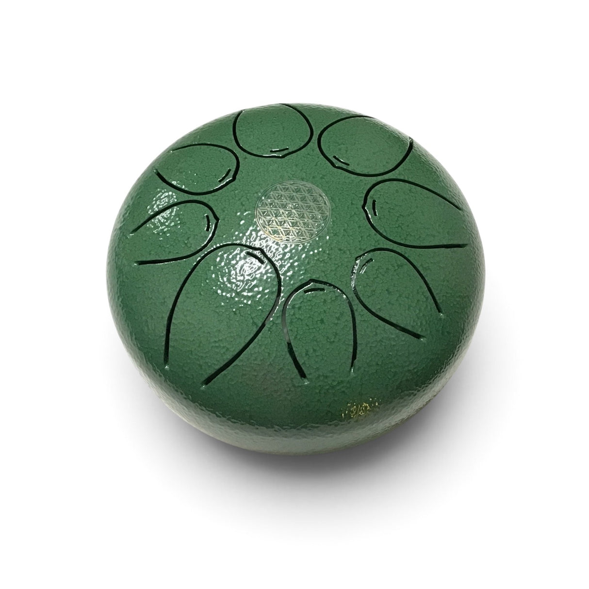 Rare Earth Gallery mini steel singing drum in green metal with a flower of life engraving on top