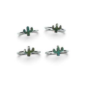 Rare Earth Gallery sterling silver rings featuring green turquoise cactus-shaped bezel settings
