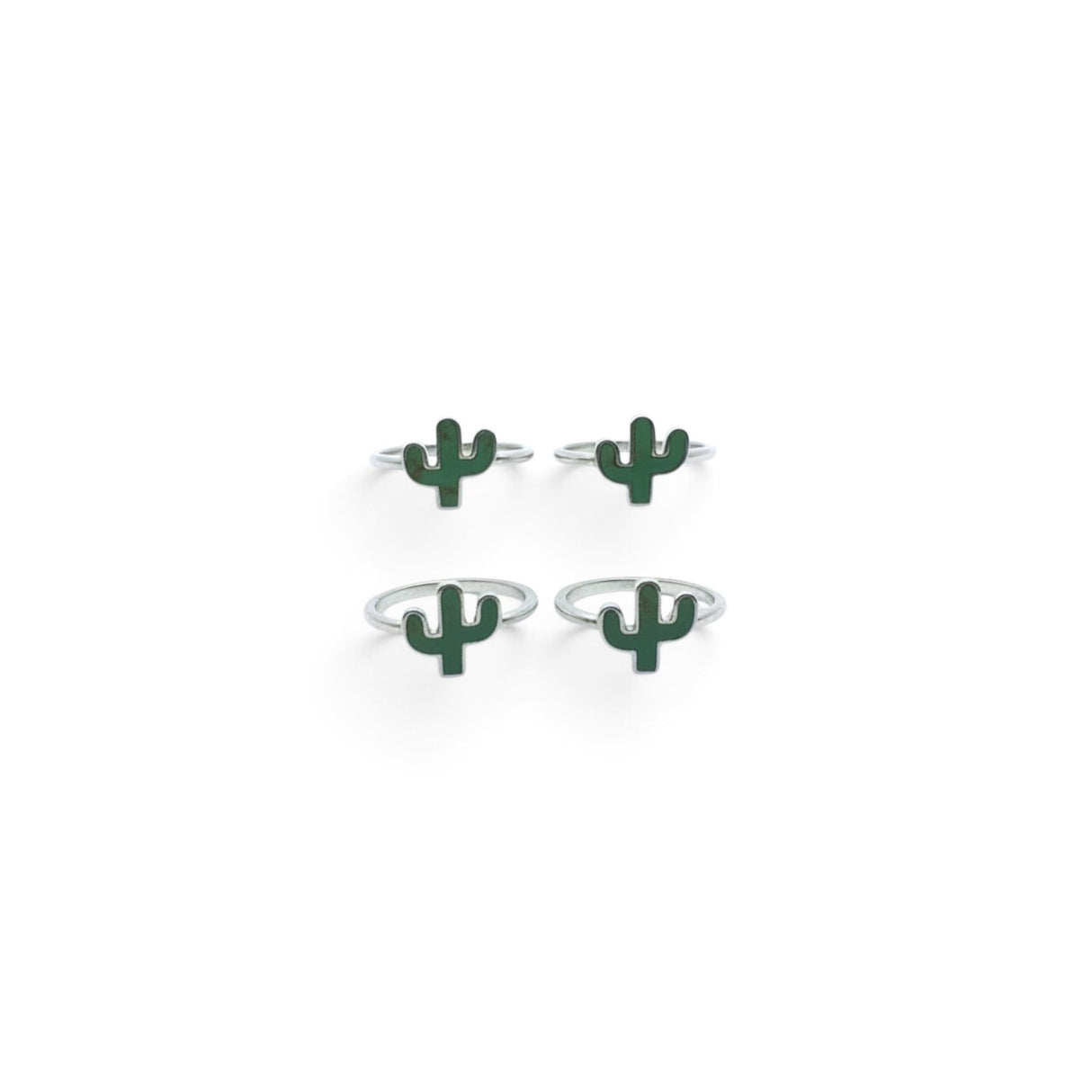 Rare Earth Gallery green turquoise cactus rings in 925 sterling silver, set of four delicate stackable bands.