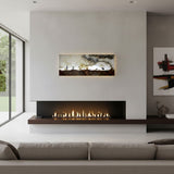 Rare Earth Gallery illuminated onyx and travertine panel with moose silhouettes and trees on a rocky landscape, amber lighting.