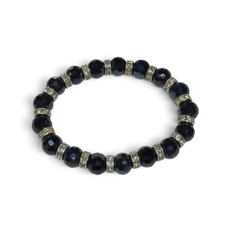 Rare Earth Gallery crystal bracelet featuring faceted jet hematite beads and sparkling silver-tone spacer accents.