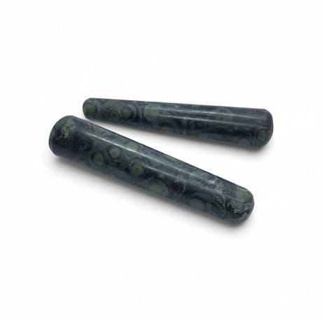 Two Rare Earth Gallery Kambaba Jasper massage wands featuring dark green stone with unique circular patterns