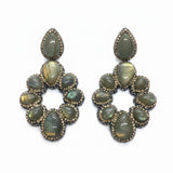 Rare Earth Gallery labradorite dangle earrings with nine pear-shaped stones, marcasite, and gold Swarovski crystals.