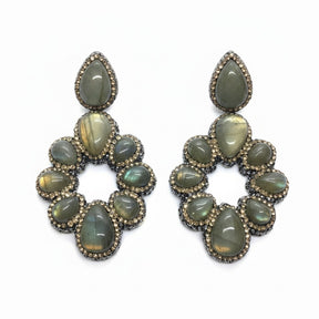Rare Earth Gallery labradorite dangle earrings with nine pear-shaped stones, marcasite, and gold Swarovski crystals.