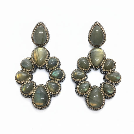 Rare Earth Gallery labradorite dangle earrings with nine pear-shaped stones, marcasite, and gold Swarovski crystals.