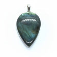 Rare Earth Gallery 2-inch labradorite pendant with reverse pear cabochon, green shift, and electric blue flashes.