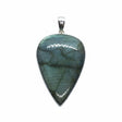 Rare Earth Gallery 2-inch reverse pear labradorite pendant with green and teal shift and horizontal line inclusions.