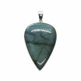 Rare Earth Gallery 2-inch reverse pear labradorite pendant with green and teal shift and horizontal line inclusions.