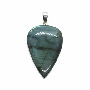 Rare Earth Gallery 2-inch reverse pear labradorite pendant with green and teal shift and horizontal line inclusions.