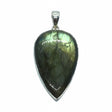 Rare Earth Gallery labradorite pendant featuring a reverse pear cabochon with green and orange iridescent shifts.