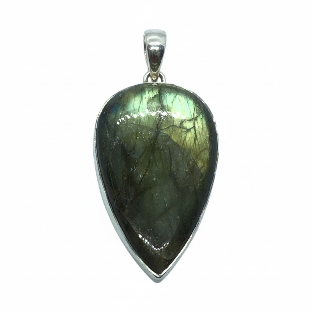 Rare Earth Gallery labradorite pendant featuring a reverse pear cabochon with green and orange iridescent shifts.