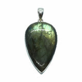 Rare Earth Gallery labradorite pendant featuring a reverse pear cabochon with green and orange iridescent shifts.