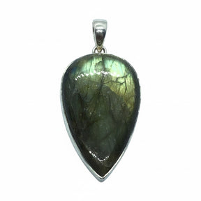 Rare Earth Gallery labradorite pendant featuring a reverse pear cabochon with green and orange iridescent shifts.