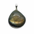 Rare Earth Gallery pear-shaped labradorite pendant with a light gray stone featuring orange and blue iridescent flashes.