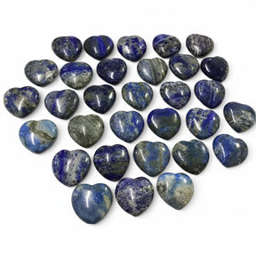 Rare Earth Gallery 25mm lapis lazuli hearts with deep blue color and golden pyrite flecks, hand-carved and smooth.
