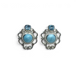 Rare Earth Gallery stud earrings featuring round larimar cabochons, faceted blue topaz, and delicate silver filigree.