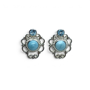 Rare Earth Gallery stud earrings featuring round larimar cabochons, faceted blue topaz, and delicate silver filigree.