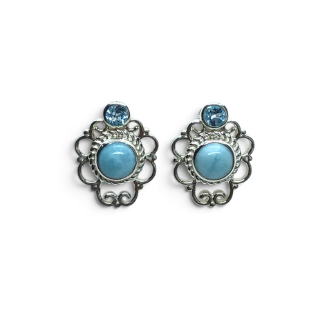 Rare Earth Gallery stud earrings featuring round larimar cabochons, faceted blue topaz, and delicate silver filigree.
