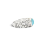 Rare Earth Gallery sterling silver ring featuring a square-round Larimar stone, diamond accents, and spiral details.