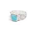 Rare Earth Gallery square-round Larimar ring in silver with diamond accents and spiral band detail.