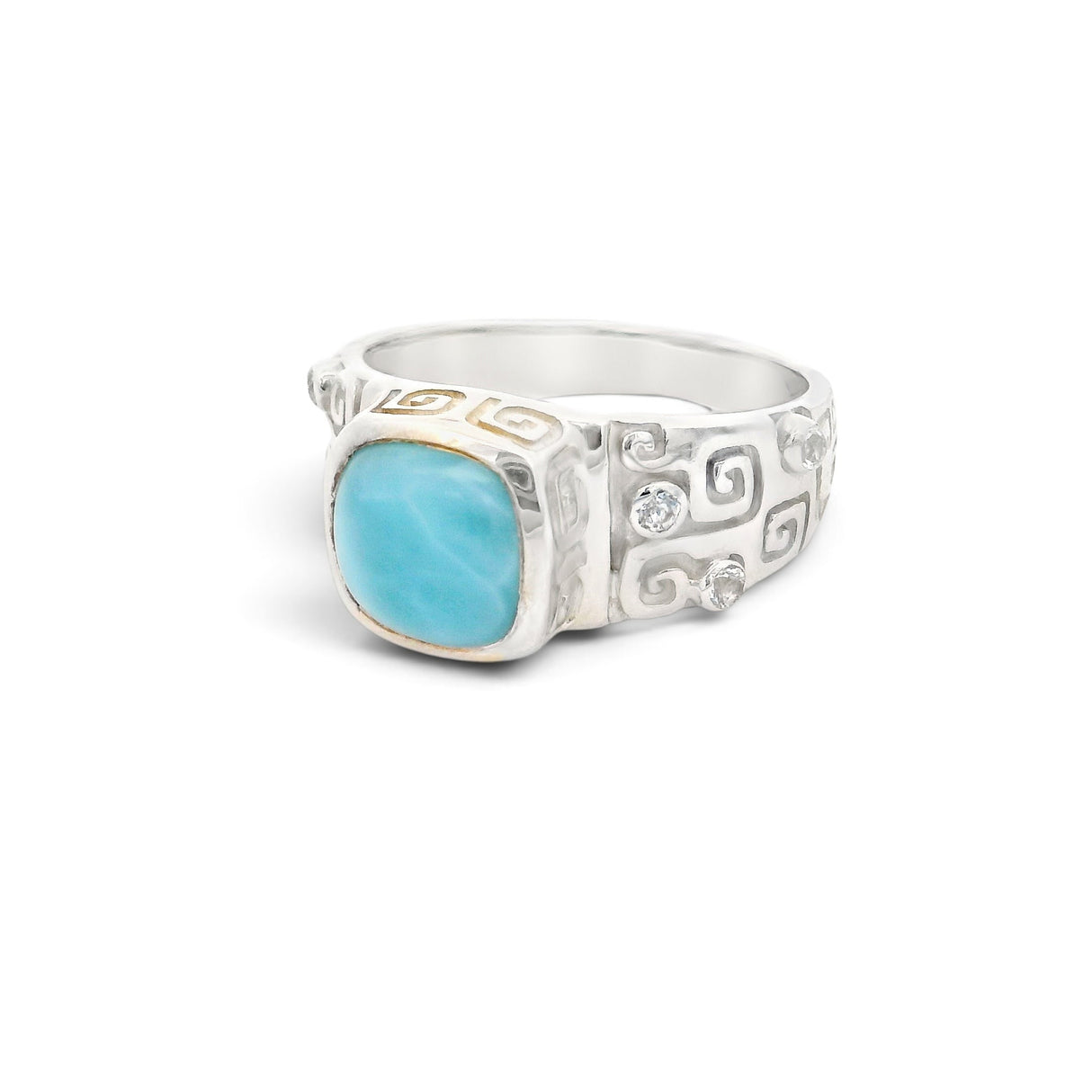 Rare Earth Gallery square-round Larimar ring in silver with diamond accents and spiral band detail.