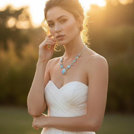 Rare Earth Gallery Larimar link necklace with faceted blue topaz and pearl accents on a bride.