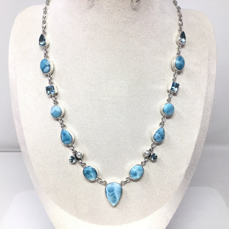 Rare Earth Gallery Larimar link necklace with faceted blue topaz and pearl accents, sterling silver.