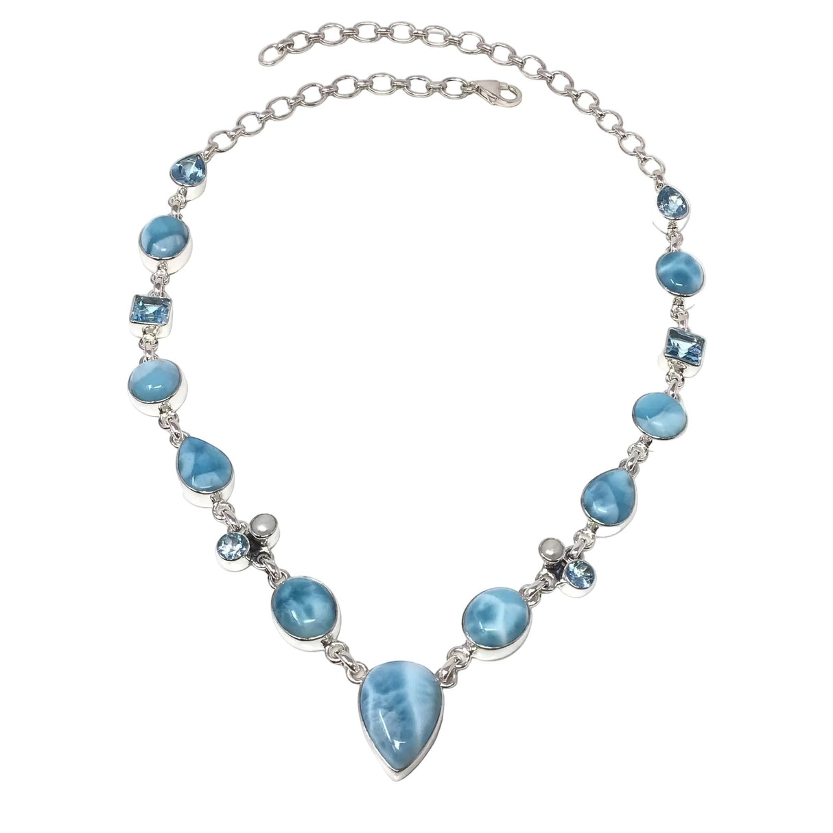Rare Earth Gallery Larimar link necklace with faceted blue topaz and pearl accents, silver chain.