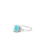 Rare Earth Gallery oval Larimar ring featuring a prong-set stone on a silver rhodium vermeil swirl design band.