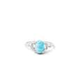 Rare Earth Gallery oval larimar ring featuring a prong-set blue stone on a rhodium vermeil band with swirl details.