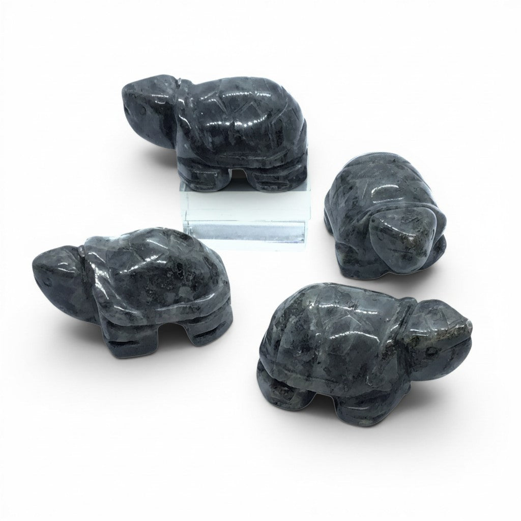 Rare Earth Gallery handcrafted larvikite turtle carvings with silvery-gray shimmer and natural stone striations