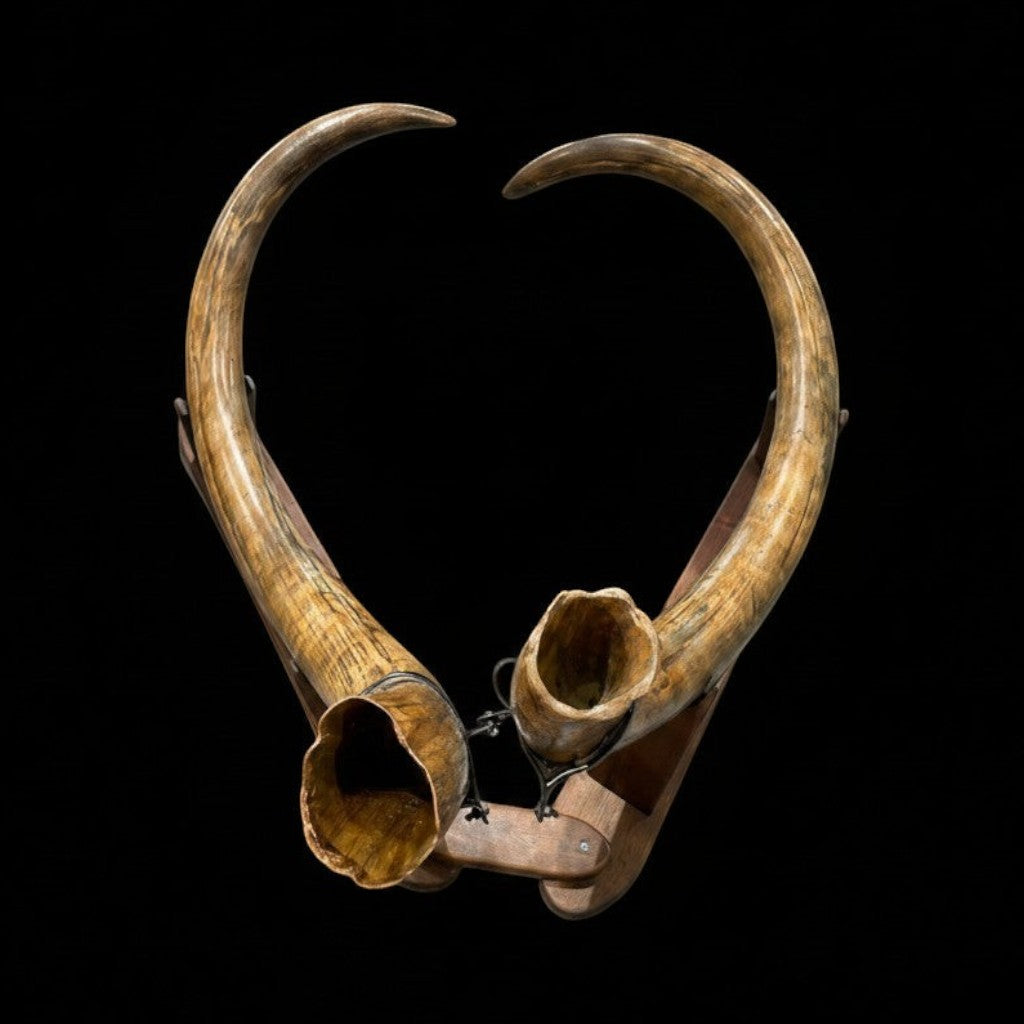 Rare Earth Gallery Alaskan Wooly Mammoth tusk pair mounted on a custom Ipe wood base against a black background.