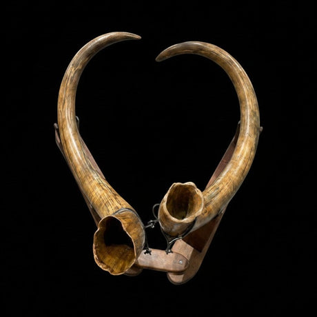 Rare Earth Gallery Alaskan Wooly Mammoth tusk pair mounted on a custom Ipe wood base against a black background.