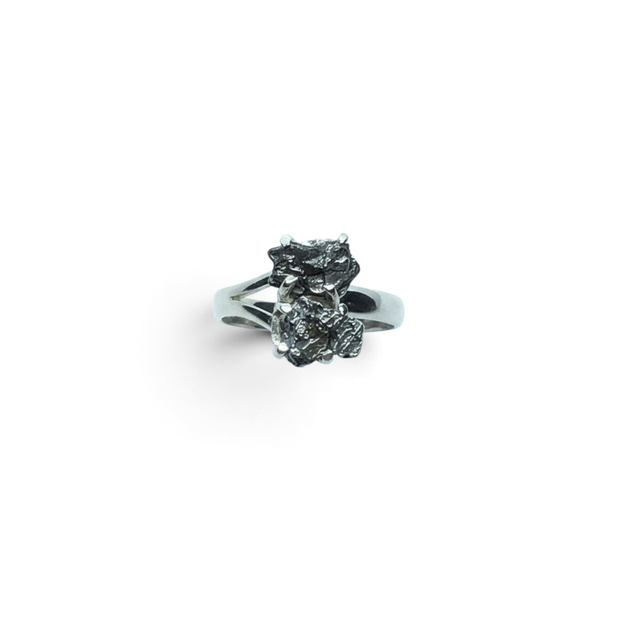 Rare Earth Gallery Campo De Cielo meteorite ring featuring a prong-set cluster duo on a 925 sterling silver band.