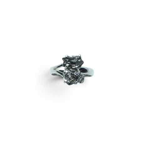 Rare Earth Gallery Campo De Cielo meteorite ring featuring a prong-set cluster duo on a 925 sterling silver band.