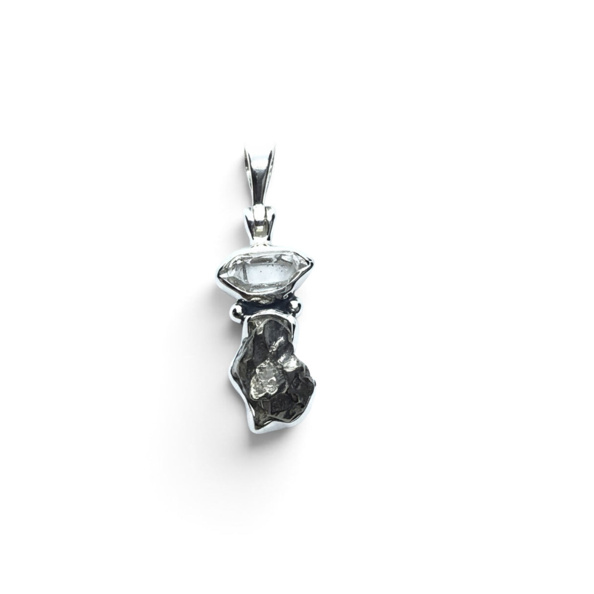 Rare Earth Gallery Campo De Cielo meteorite nugget pendant with a Herkimer diamond set in 925 sterling silver.