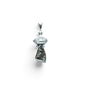 Rare Earth Gallery Campo De Cielo meteorite nugget pendant with a clear Herkimer diamond set in 925 sterling silver.