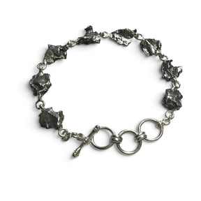 Rare Earth Gallery Campo De Cielo meteorite link bracelet featuring eight raw iron freeform stones and a toggle clasp.