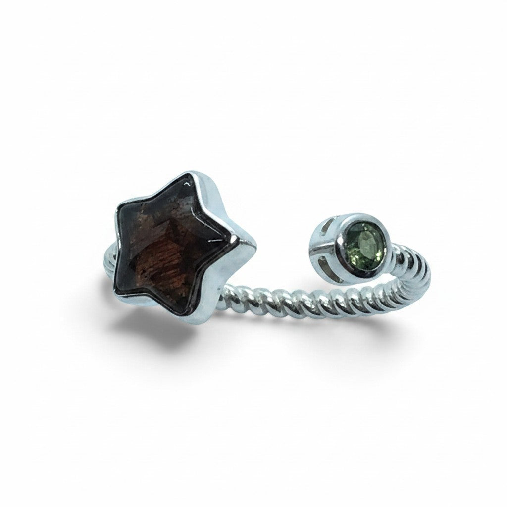 Rare Earth Gallery sterling silver open rope ring featuring a star-shaped Sericho meteorite and round green moldavite.