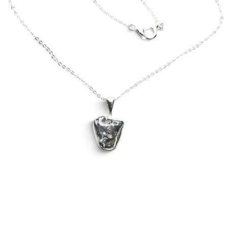 Rare Earth Gallery Campo De Cielo meteorite nugget pendant in a 925 sterling silver bezel on an 18-inch chain